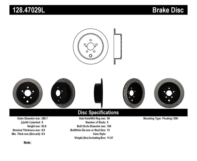 Rotor trasero izquierdo perforado StopTech WRX 08-10
