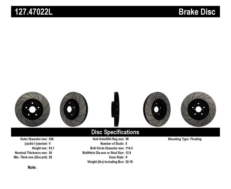 Rotor delantero izquierdo ranurado y perforado StopTech 05-10 Subaru Impreza WRX/STi