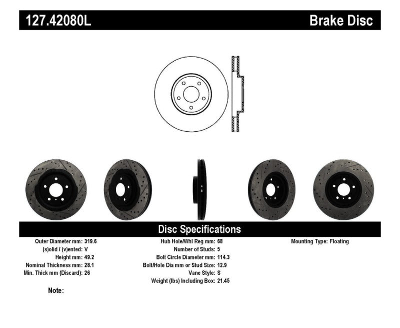 Rotor delantero izquierdo ranurado y perforado StopTech 06-07 350Z / 05-07 G35 exp Sport/ 06-07 G35X SportStop
