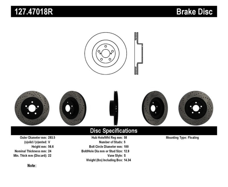 Rotor delantero derecho ranurado y perforado StopTech 02-10 Subaru WRX (excepto STi)