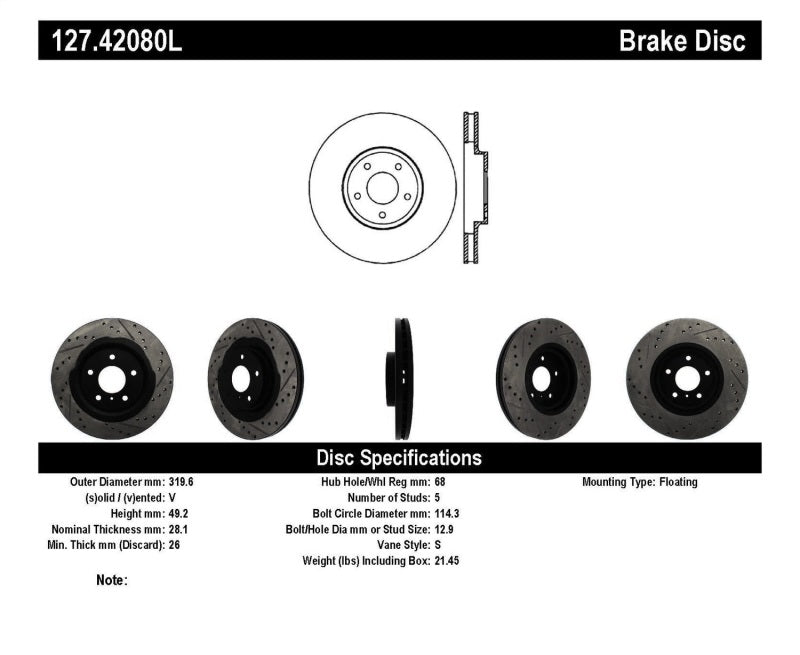 Rotor delantero izquierdo ranurado y perforado StopTech 06-07 350Z / 05-07 G35 exp Sport/ 06-07 G35X SportStop