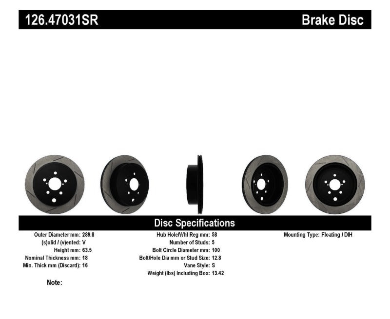 Rotor ranurado trasero derecho StopTech Power Slot 13 Scion FR-S / 13 Subaru BRZ