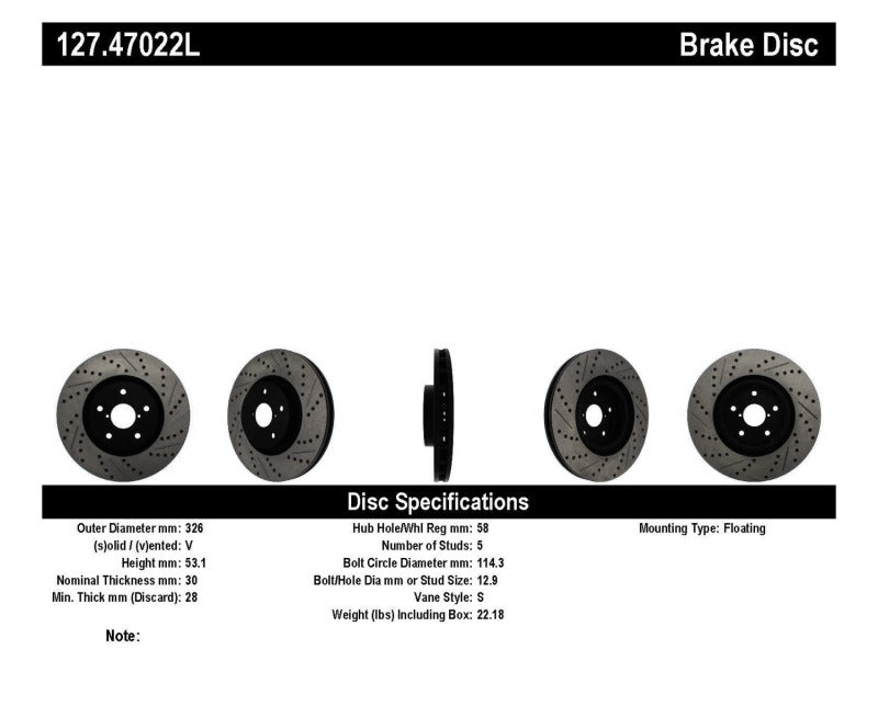 Rotor delantero izquierdo ranurado y perforado StopTech 05-10 Subaru Impreza WRX/STi