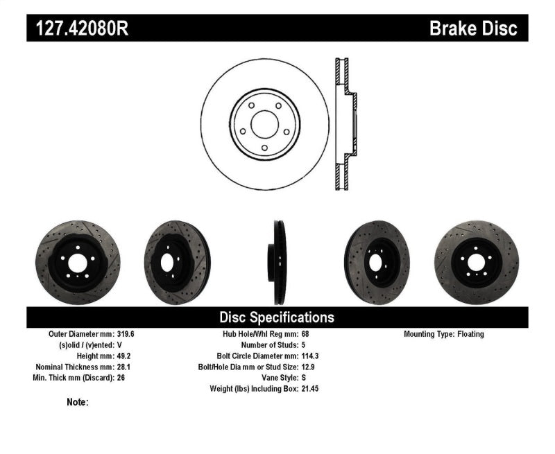 Rotor delantero derecho ranurado y perforado StopTech 06-07 350Z / 05-07 G35 exp Sport/ 06-07 G35X SportStop
