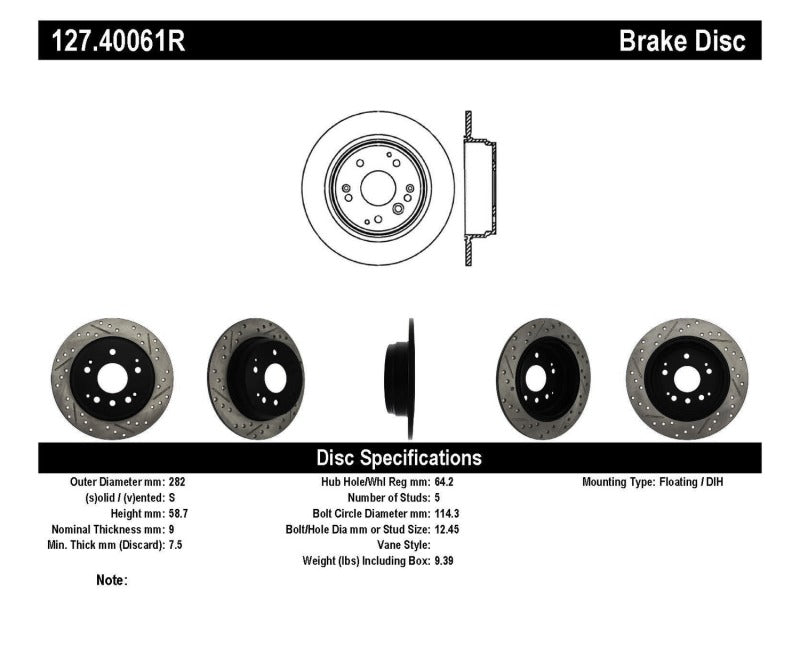 Rotor trasero derecho ranurado y perforado StopTech 04-08 Acura TL / 03-09 Honda Element