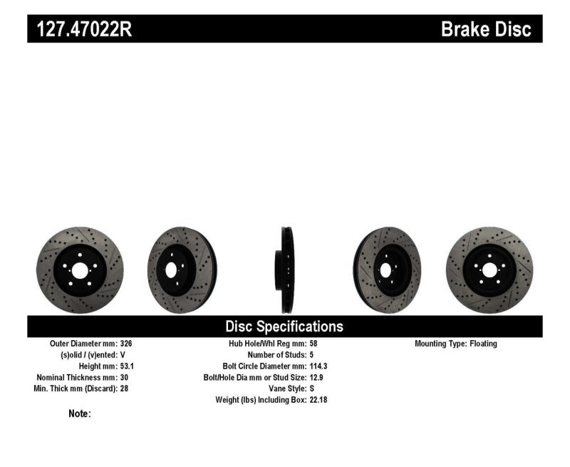 Rotor delantero derecho ranurado y perforado StopTech 05-10 Subaru Impreza WRX/STi