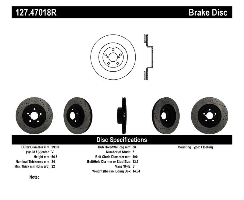 Rotor delantero derecho ranurado y perforado StopTech 02-10 Subaru WRX (excepto STi)
