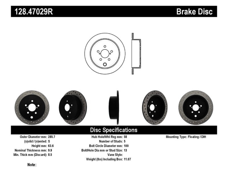 Rotor trasero derecho perforado StopTech WRX 08-10
