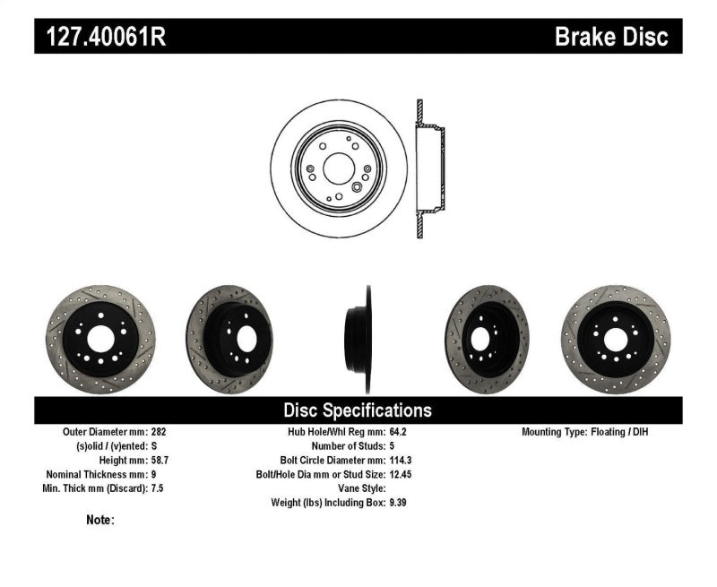 Rotor trasero derecho ranurado y perforado StopTech 04-08 Acura TL / 03-09 Honda Element