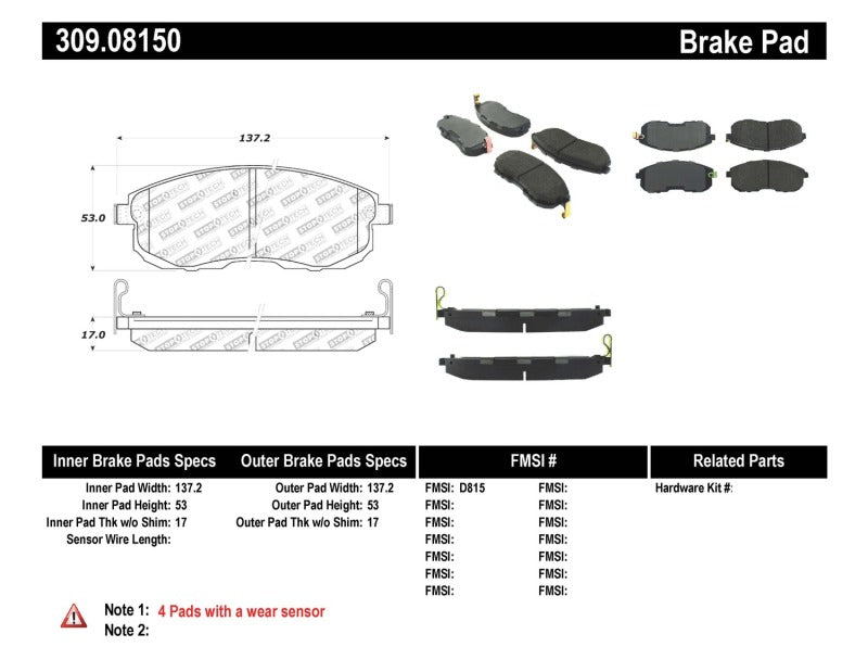 Pastillas de freno delanteras StopTech Performance 02-05 Infiniti G35 / 07-09 Nissan Altima/Sentra / 6/02-05 350Z