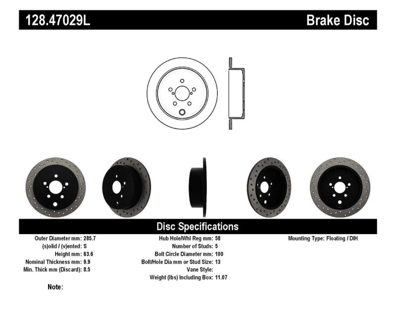 Rotor trasero izquierdo perforado StopTech WRX 08-10