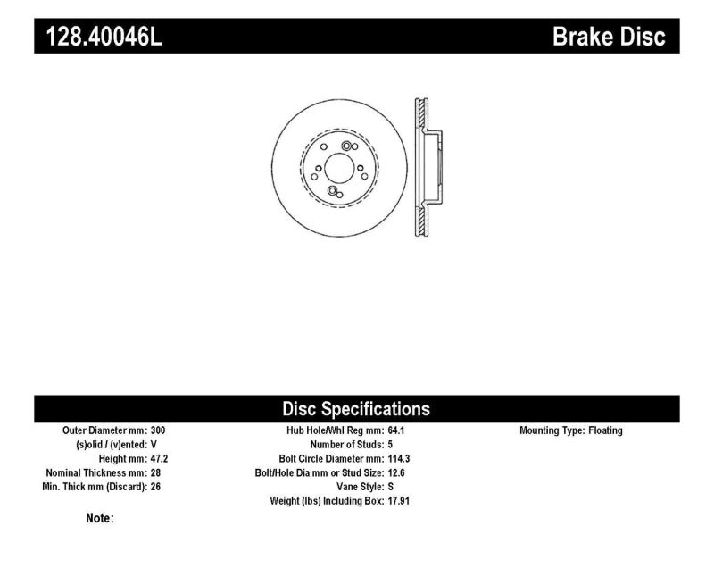 Rotor delantero izquierdo perforado en cruz StopTech 99-08 Acura TL (calibre STD) / 01-03 CL / 04-09 TSX