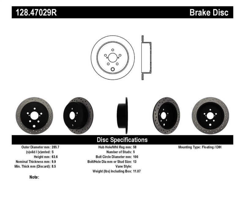 Rotor trasero derecho perforado StopTech WRX 08-10