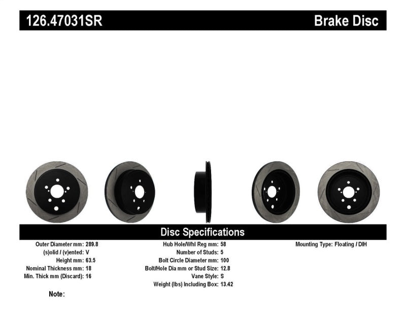Rotor ranurado trasero derecho StopTech Power Slot 13 Scion FR-S / 13 Subaru BRZ