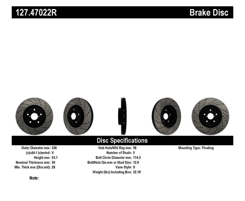 Rotor delantero derecho ranurado y perforado StopTech 05-10 Subaru Impreza WRX/STi