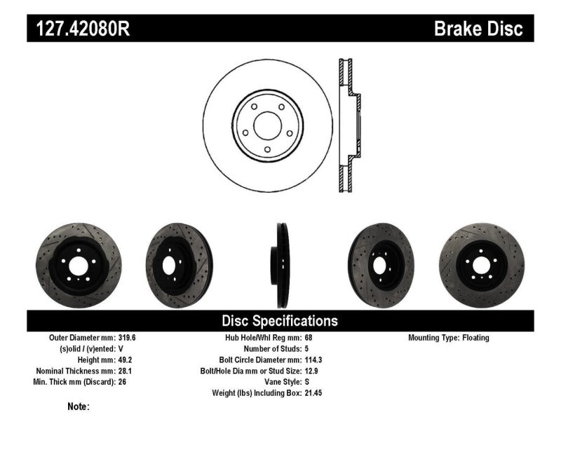 Rotor delantero derecho ranurado y perforado StopTech 06-07 350Z / 05-07 G35 exp Sport/ 06-07 G35X SportStop