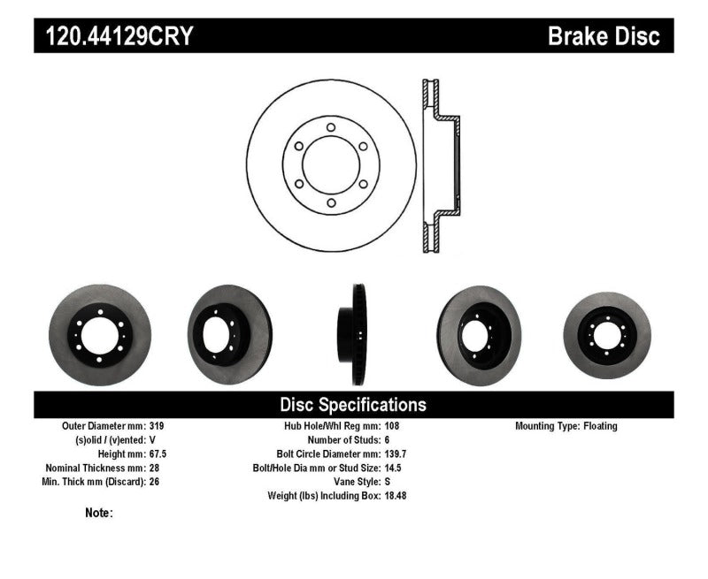 Rotor de freno criogénico de alto rendimiento delantero Stoptech para Toyota 4Runner 03-09 / Toyota FJ Cruiser 05-14